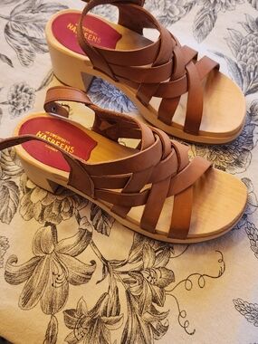 Swedish Hasbeens Cognac Brown Leather Woven Platform Wedges